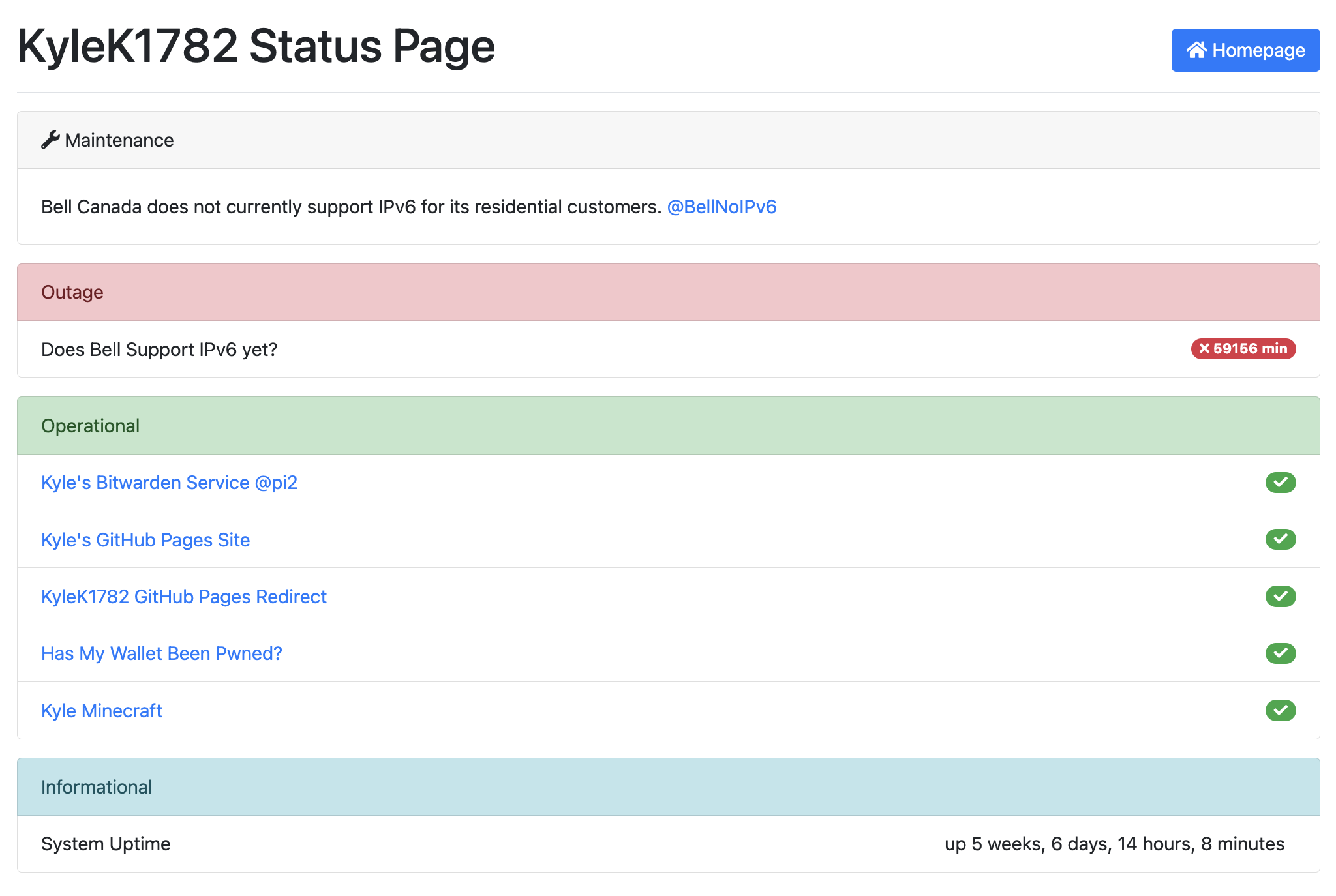 A screen shot of the static_status page that inlcudes a new Operational section that displays the system uptime.